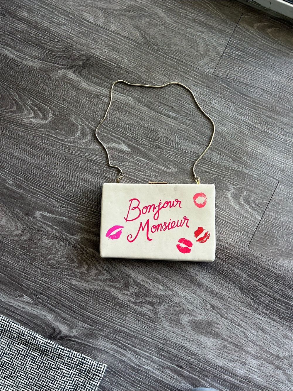 kate spade Cream Clutch "Bonjour Monsieur" with Pink & Red Lip Prints